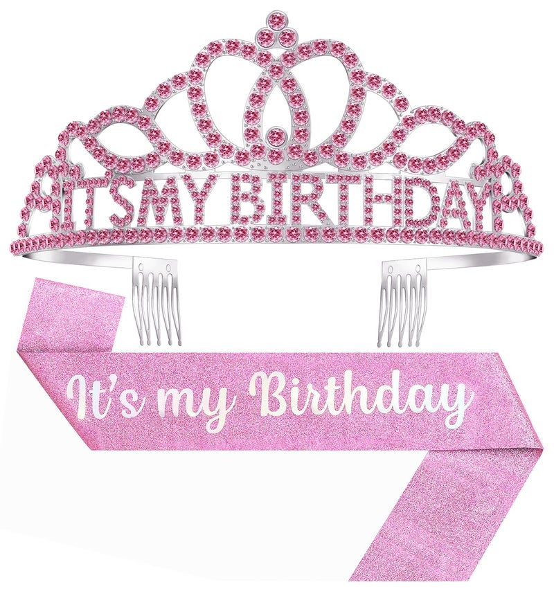 Papoopy Birthday Tiara and Crown with Sash, Birthday Tiara for Women Party Pink - Image 1