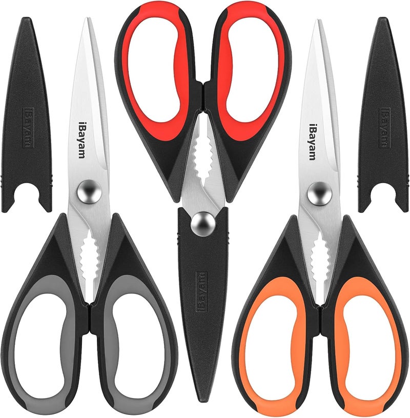 iBayam 3-Pack 8.5"Kitchen Scissors All Purpose Heavy Duty with Protective Sheath, Soft Grip Comfort Handle, Dishwasher Safe Kitchen Utensils Gadgets Set, Stainless Cooking Meat Poultry Food Shears - Image 1