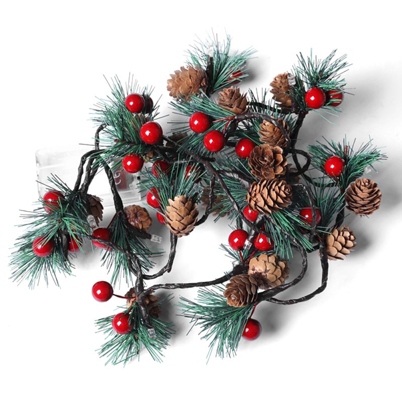 Christmas String Lights 6.56ft: 20pcs Warm White LEDs - Battery Operated Pine Cone & Red Berry Garland String Lights for Christmas Thanksgiving Wedding Birthday Decor - Image 1