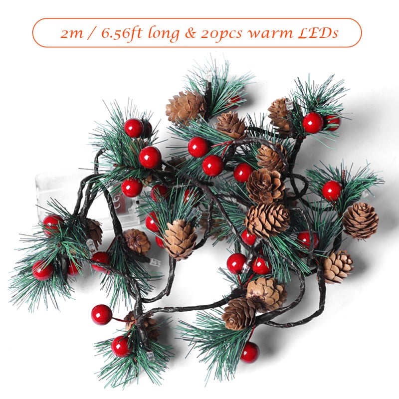 Christmas String Lights 6.56ft: 20pcs Warm White LEDs - Battery Operated Pine Cone & Red Berry Garland String Lights for Christmas Thanksgiving Wedding Birthday Decor - Image 2