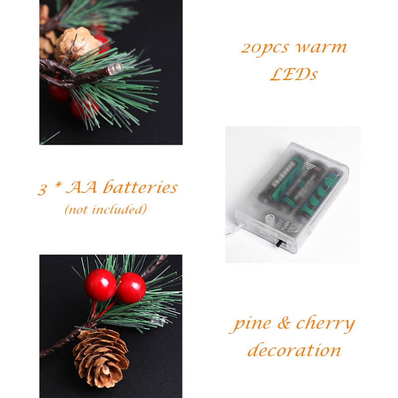 Christmas String Lights 6.56ft: 20pcs Warm White LEDs - Battery Operated Pine Cone & Red Berry Garland String Lights for Christmas Thanksgiving Wedding Birthday Decor - Image 4