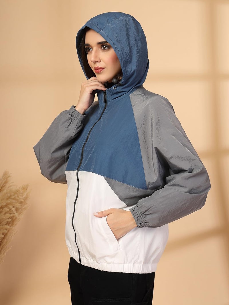 CHKOKKO Womens Stylish Oversized Windcheater Jacket with Zip Closure Lightweight Sportswear for Running Travel Hiking Outdoor and Rainy Season Wear BlueWhiteGrey XL - Image 3
