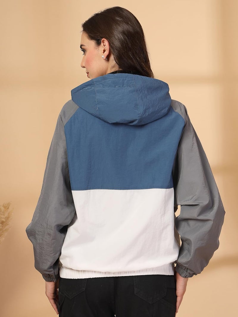 CHKOKKO Womens Stylish Oversized Windcheater Jacket with Zip Closure Lightweight Sportswear for Running Travel Hiking Outdoor and Rainy Season Wear BlueWhiteGrey XL - Image 2