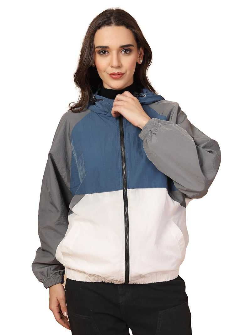 CHKOKKO Womens Stylish Oversized Windcheater Jacket with Zip Closure Lightweight Sportswear for Running Travel Hiking Outdoor and Rainy Season Wear BlueWhiteGrey XL - Image 1
