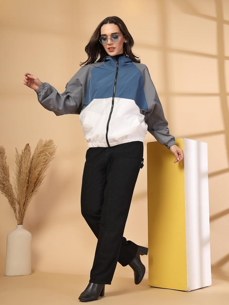 CHKOKKO Womens Stylish Oversized Windcheater Jacket with Zip Closure Lightweight Sportswear for Running Travel Hiking Outdoor and Rainy Season Wear BlueWhiteGrey XL - Image 5