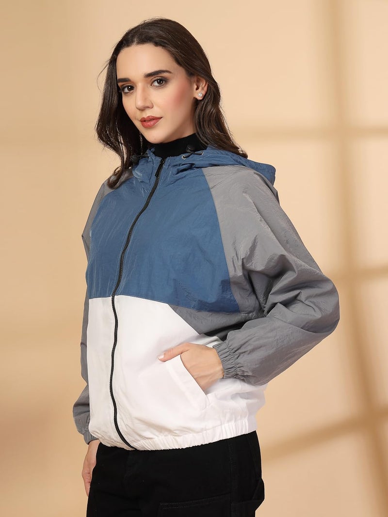 CHKOKKO Womens Stylish Oversized Windcheater Jacket with Zip Closure Lightweight Sportswear for Running Travel Hiking Outdoor and Rainy Season Wear BlueWhiteGrey XL - Image 4