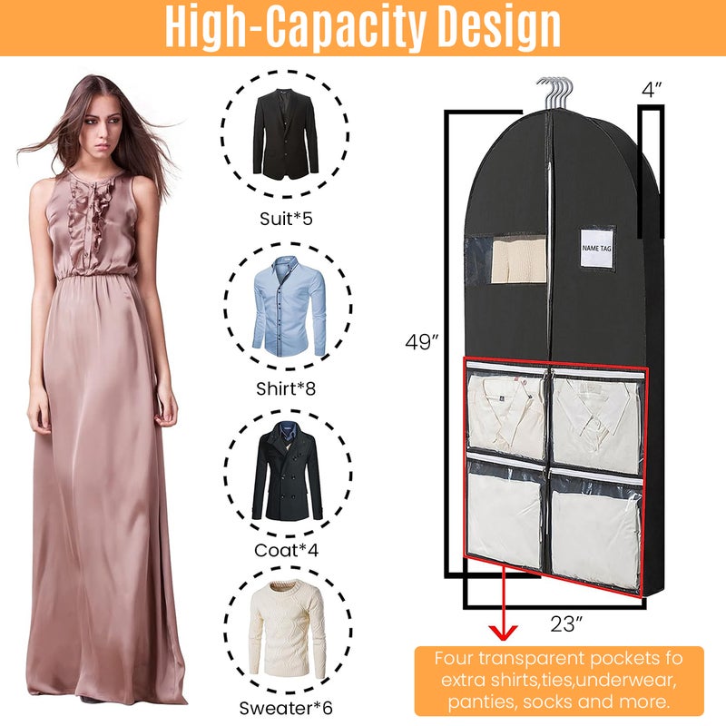 HASTHIP® Garment Bag Dust Cover 49.2'' Long Dust Cover for Clothes, Non-woven Fabric Garment Cover with Clear Window and 4 Pockets Hanging Garment Bag for Clothes, Coats, Jackets, Suits, Shirts - Image 2