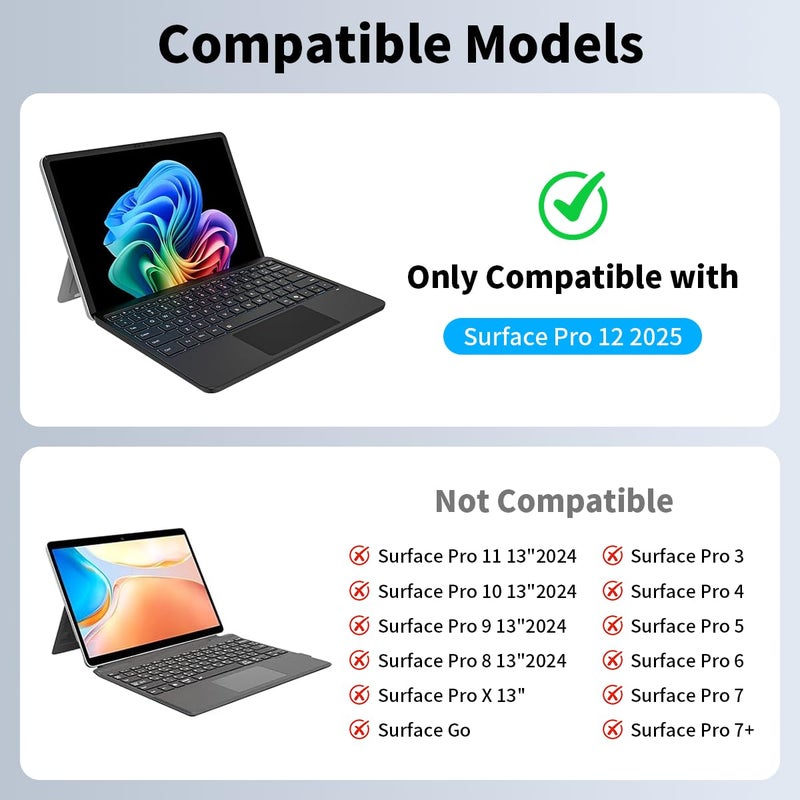 Sooguard for Microsoft Surface Pro 12 inch Keyboard (2025 Model), Bluetooth Wireless Magnetic Type Cover with 7-Color Backlit & Multi-Touch Touchpad, Ultra-Slim Rechargeable, Black - Image 2