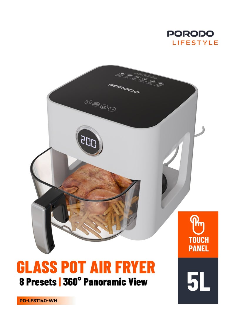 porodo 5L Glass Pot Air Fryer with 8 Presets & 360° Panoramic View /Frying Technology/Airfryer with Touch Panel / Versatile Cooking Functions / Nonstick Tray / Food Grade Glass Pot / Adjustable Temperature - White - Image 1
