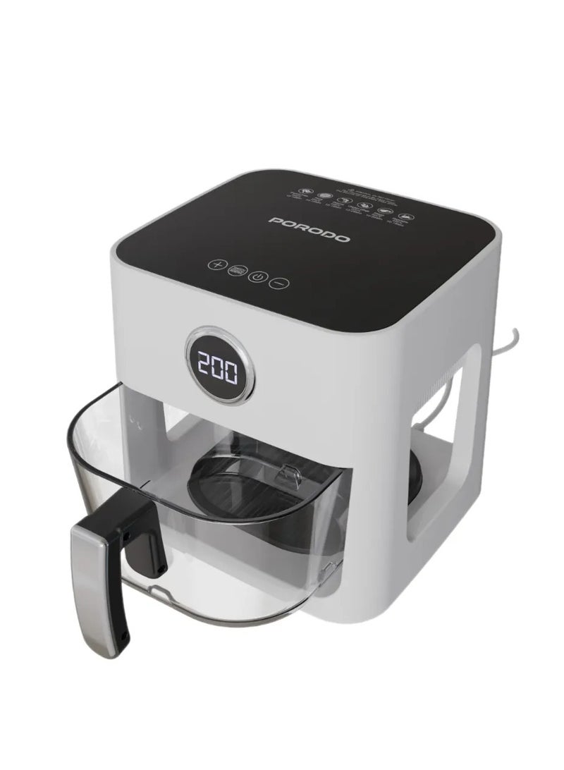 porodo 5L Glass Pot Air Fryer with 8 Presets & 360° Panoramic View /Frying Technology/Airfryer with Touch Panel / Versatile Cooking Functions / Nonstick Tray / Food Grade Glass Pot / Adjustable Temperature - White - Image 3