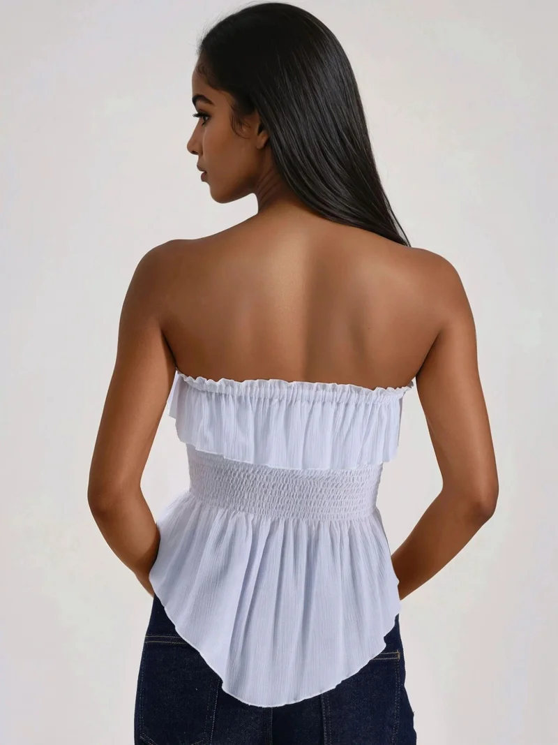 Hiccup White Ruffled and Textured Bandeau Top for Women | Best Price UAE