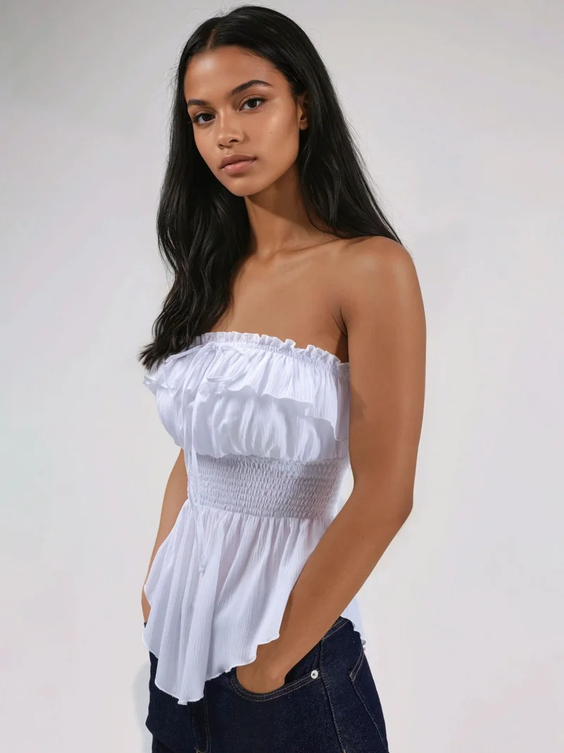Hiccup White Ruffled and Textured Bandeau Top for Women | Best Price UAE