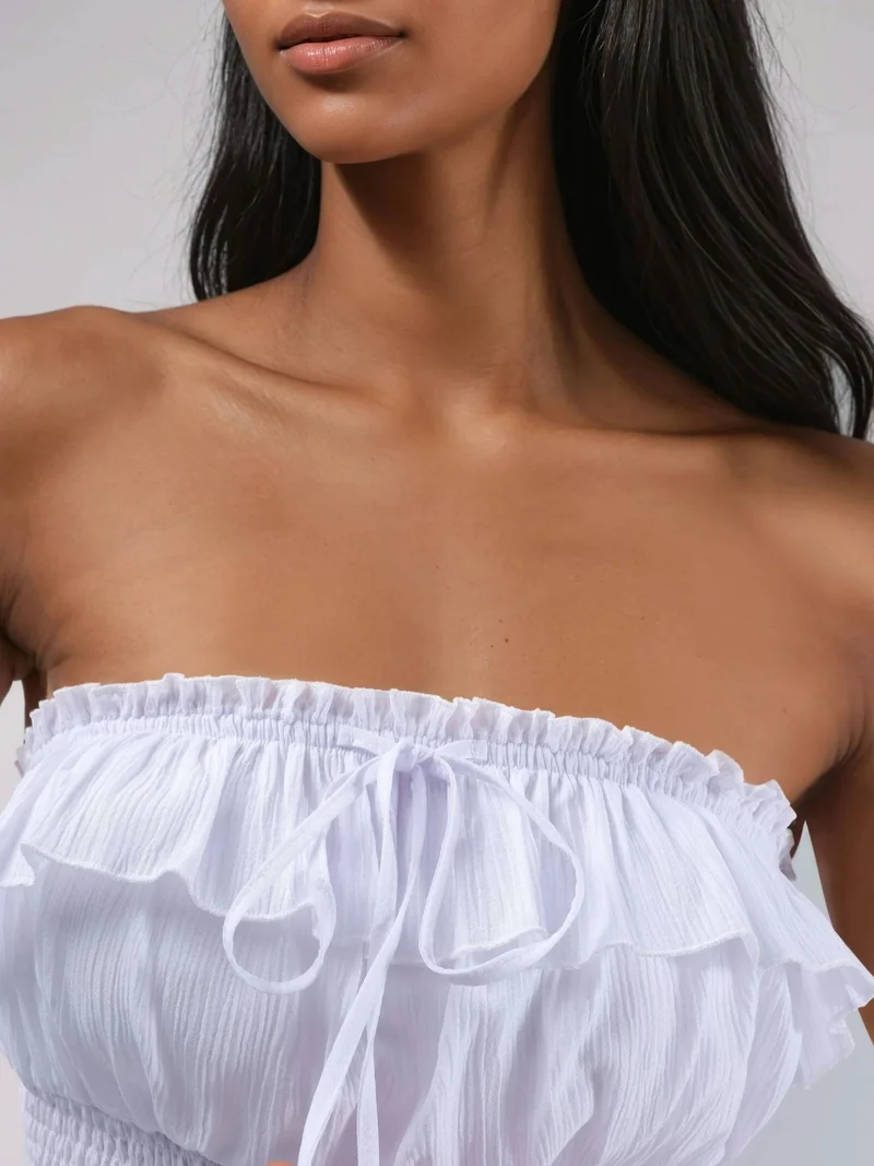 Hiccup White Ruffled and Textured Bandeau Top for Women | Best Price UAE