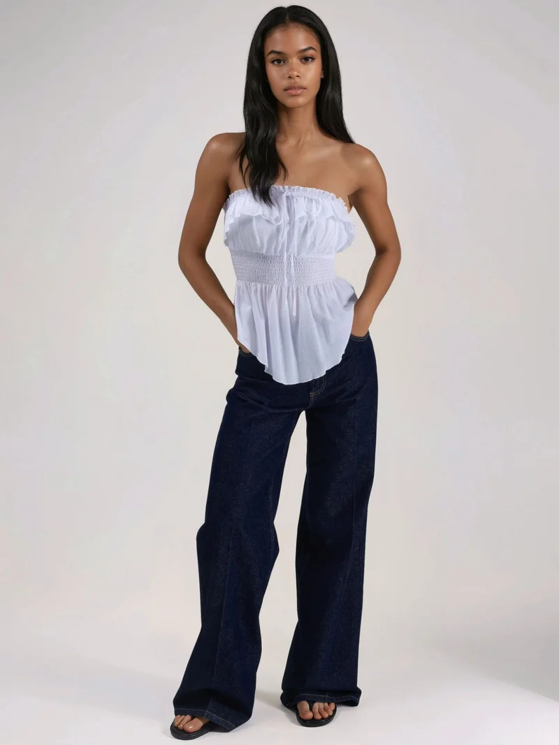 Hiccup White Ruffled and Textured Bandeau Top for Women | Best Price UAE