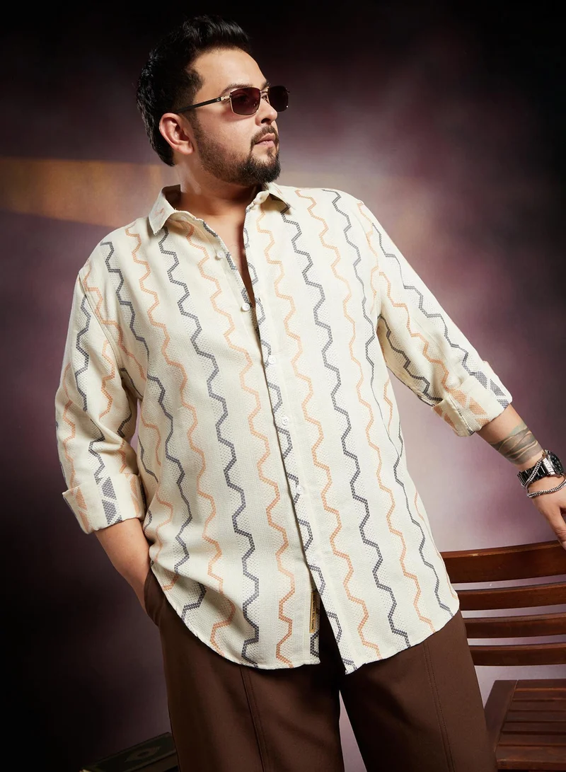 Instafab Plus Instafab Plus Men's Ecru Beige Zigzag-Weave Shirt For Casual Wear | Spread Collar | Long Cuffed Sleeves | Button Closure | Plus Size Shirt Crafted With Comfort Fit For Everyday Wear