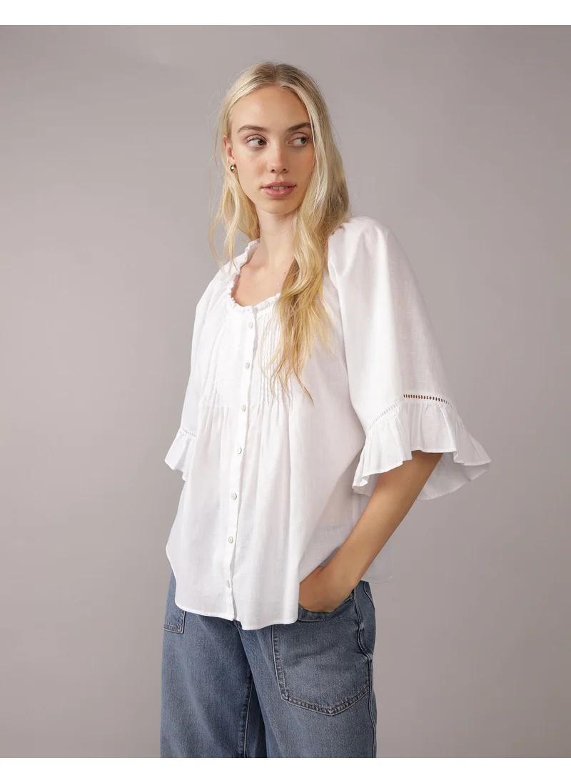 امريكان ايجل AE Linen-Blend Ruffle Blouse