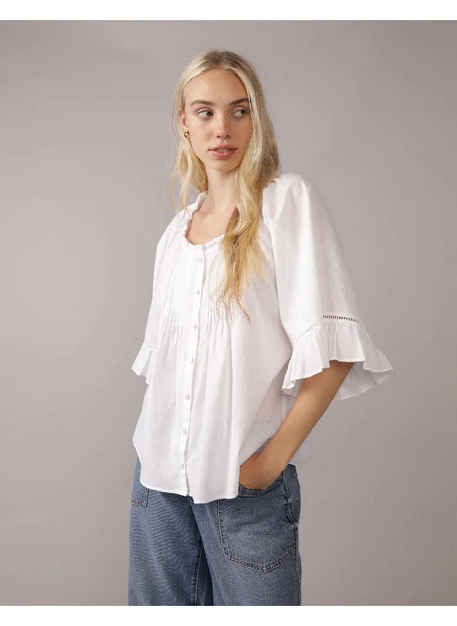 امريكان ايجل AE Linen-Blend Ruffle Blouse