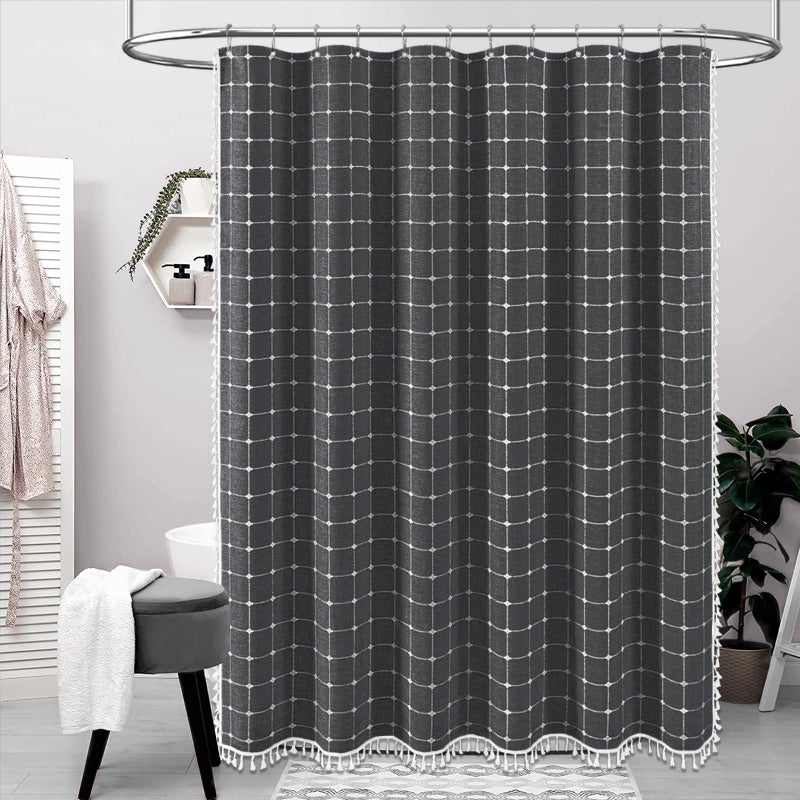 BTTN Charcoal Grey Boho Shower Curtain - Linen Rustic Heavy Duty Fabric Shower Curtain Set with Tassel  Farmhouse Bohemian Vintage Country Thick Cloth Shower Curtains for Bathroom - Gray - 72x72 - Image 1