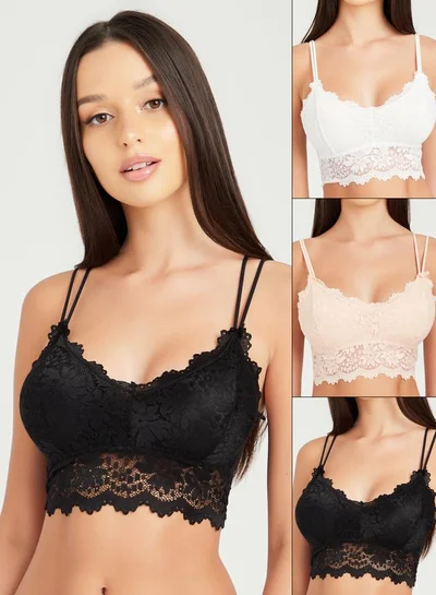 Styli Styli Pack of 3 - Padded Non Wired All Lace Double Strap Bralette