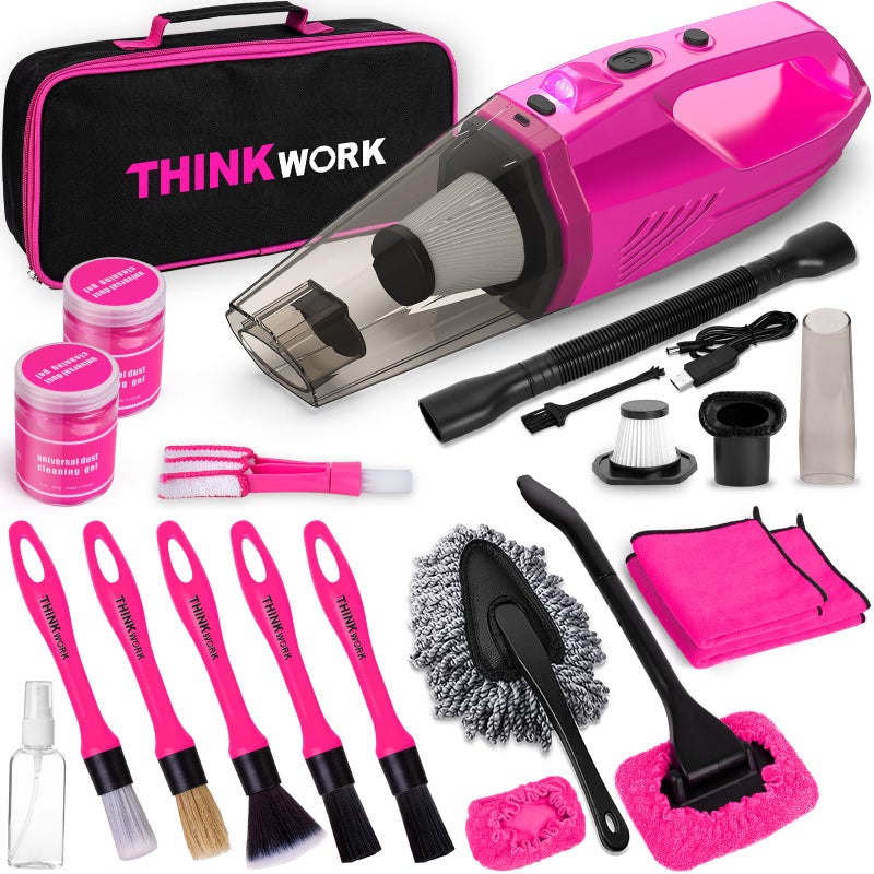 THINKWORK مجموعة تنظيف السيارات THINKWORK، منظف داخلي، مجموعة تنظيف السيارات مع مكنسة كهربائية محمولة باليد وردية 8000PA، مجموعة فرش تنظيف داخلية للسيارة، ملحقات سيارات وردية، هدية للنساء - Image 1