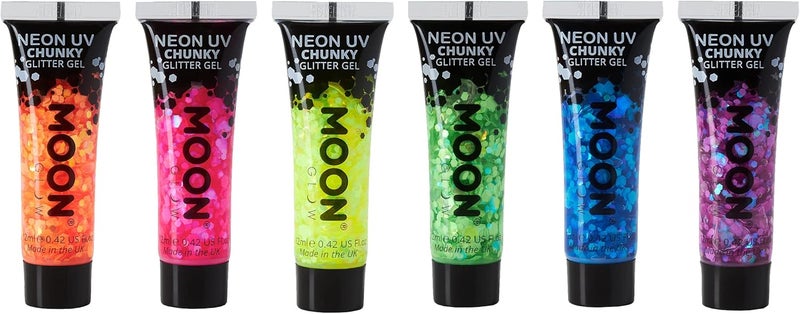 Moon Glow Neon UV Face Body Chunky Glitter Gel 12ml Set of 6