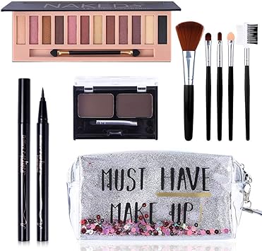 QiBest مجموعة هدايا مكياج شاملة 12 لون من ظلال العيون، قلم كحل أسود مقاوم للماء، مجموعة بودرة حواجب مضغوطة، 5 فرش و حقيبة مكياج فضية رملية - Image 1