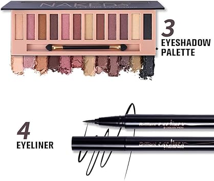 QiBest مجموعة هدايا مكياج شاملة 12 لون من ظلال العيون، قلم كحل أسود مقاوم للماء، مجموعة بودرة حواجب مضغوطة، 5 فرش و حقيبة مكياج فضية رملية - Image 5