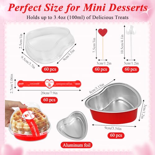 YQER 60 Pack Valentine's Heart Shaped Cake Pans – 3.4oz Mini Aluminum Foil heart shape Cupcake pan with Lids, Spoons & Valentine Heart Stickers – Disposable Mothers Day Baking Tins Supplies for Gifts, Red - Image 2