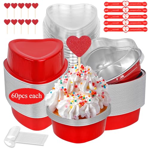 YQER 60 Pack Valentine's Heart Shaped Cake Pans – 3.4oz Mini Aluminum Foil heart shape Cupcake pan with Lids, Spoons & Valentine Heart Stickers – Disposable Mothers Day Baking Tins Supplies for Gifts, Red - Image 1