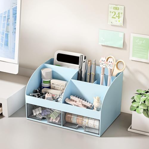 Zeinwap Multifunctional Desk Organiser with 6 Compartments & 2 Drawer Desktop Office Supplies Stationery Storage Box for Pens Staplers Clips Sticky Notes Mobile Holder (Blue) - Image 4