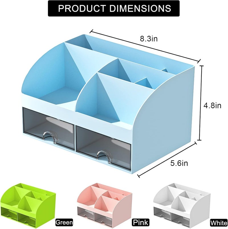 Zeinwap Multifunctional Desk Organiser with 6 Compartments & 2 Drawer Desktop Office Supplies Stationery Storage Box for Pens Staplers Clips Sticky Notes Mobile Holder (Blue) - Image 2