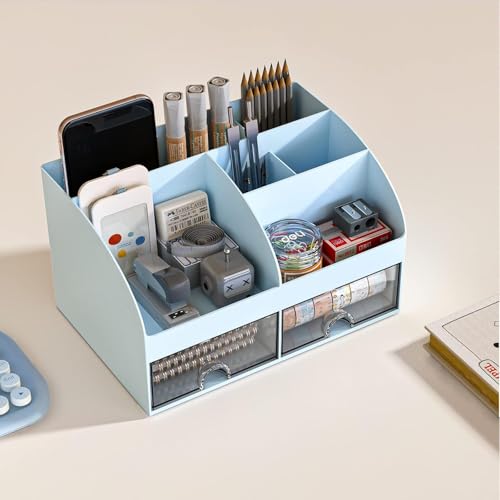 Zeinwap Multifunctional Desk Organiser with 6 Compartments & 2 Drawer Desktop Office Supplies Stationery Storage Box for Pens Staplers Clips Sticky Notes Mobile Holder (Blue) - Image 5