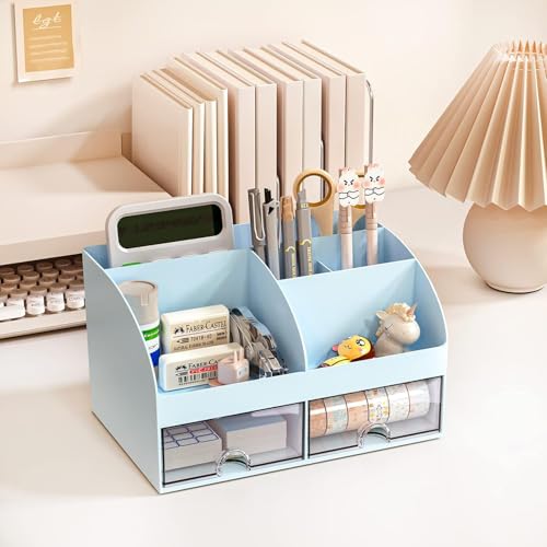 Zeinwap Multifunctional Desk Organiser with 6 Compartments & 2 Drawer Desktop Office Supplies Stationery Storage Box for Pens Staplers Clips Sticky Notes Mobile Holder (Blue) - Image 3