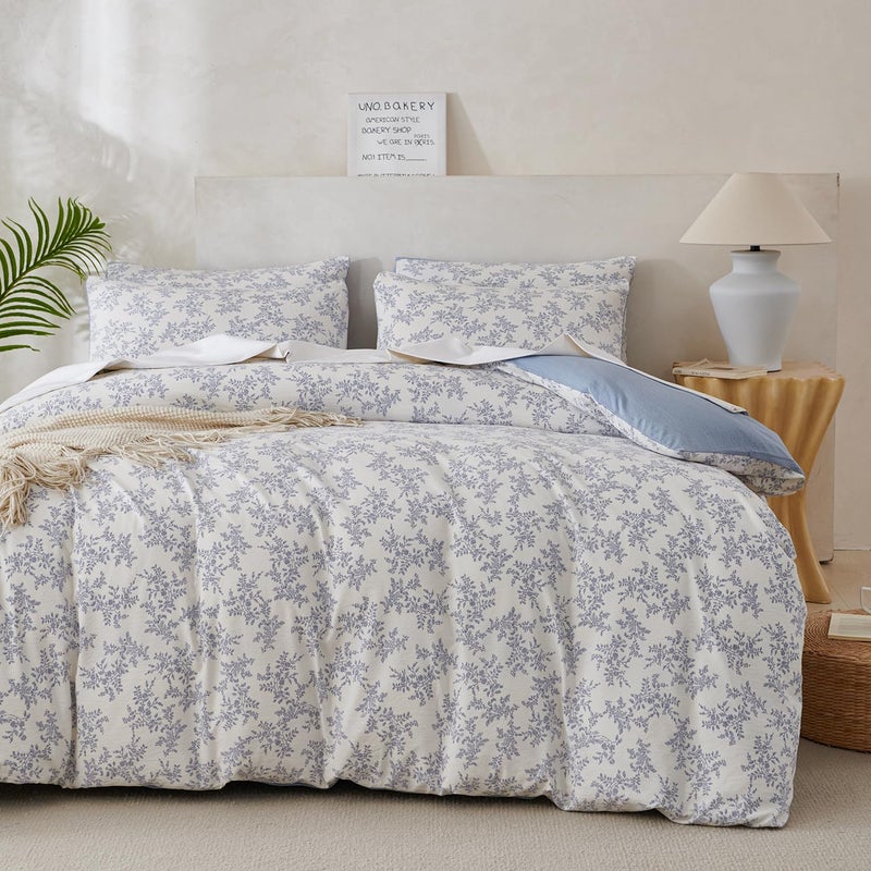Jane yre Queen Duvet Cover Floral Brushed Microfiber Crinkle Gauze 3 Pieces Bedding Set Garden Style Blue Floral Pattern Queen Duvet Cover Flower, with Zipper Closure, Luxury Soft Breathable Comfy - Image 5