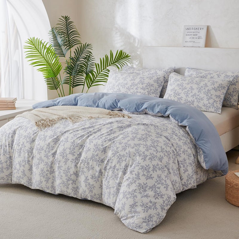 Jane yre Queen Duvet Cover Floral Brushed Microfiber Crinkle Gauze 3 Pieces Bedding Set Garden Style Blue Floral Pattern Queen Duvet Cover Flower, with Zipper Closure, Luxury Soft Breathable Comfy - Image 4