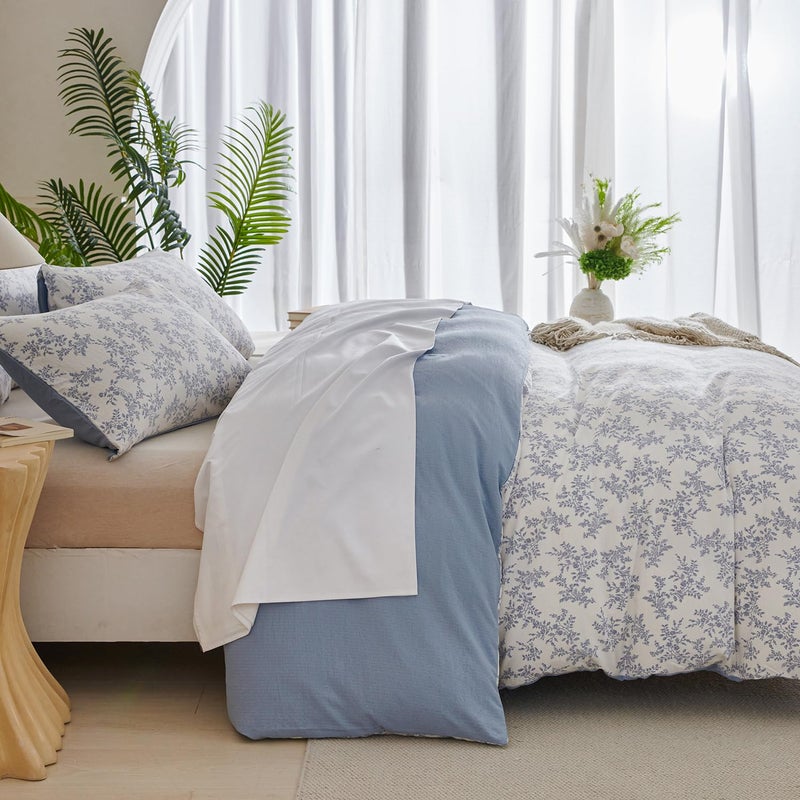 Jane yre Queen Duvet Cover Floral Brushed Microfiber Crinkle Gauze 3 Pieces Bedding Set Garden Style Blue Floral Pattern Queen Duvet Cover Flower, with Zipper Closure, Luxury Soft Breathable Comfy - Image 3