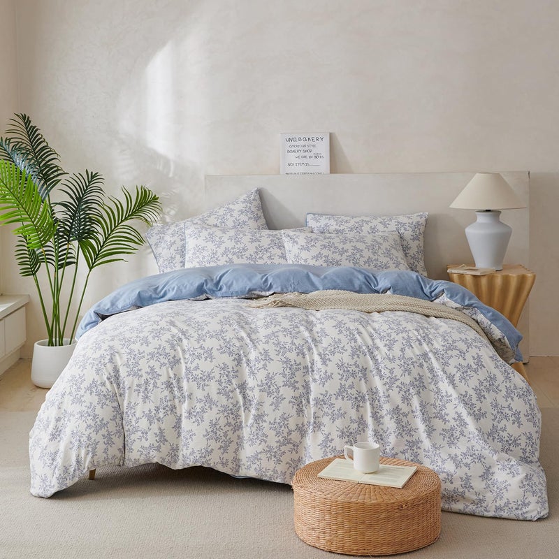 Jane yre Queen Duvet Cover Floral Brushed Microfiber Crinkle Gauze 3 Pieces Bedding Set Garden Style Blue Floral Pattern Queen Duvet Cover Flower, with Zipper Closure, Luxury Soft Breathable Comfy - Image 2