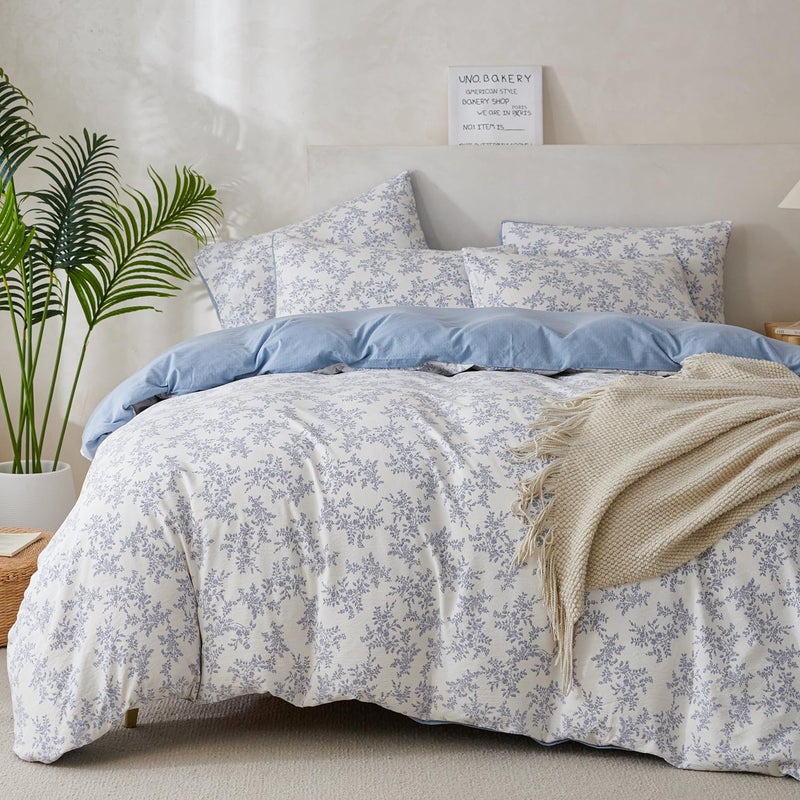 Jane yre Queen Duvet Cover Floral Brushed Microfiber Crinkle Gauze 3 Pieces Bedding Set Garden Style Blue Floral Pattern Queen Duvet Cover Flower, with Zipper Closure, Luxury Soft Breathable Comfy - Image 1