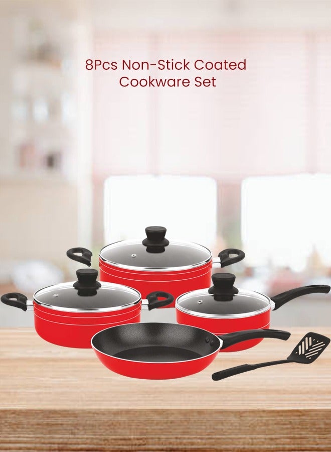 Easy Cook 9-Pcs Non-Stick Cookware Set | Scratch-Resistant Pots and Pans Set | 24cm,22cm Casserole | 24cm Fry Pan | 18cm Sauce Pan | Nylon Spatula(Red)  - Image 3