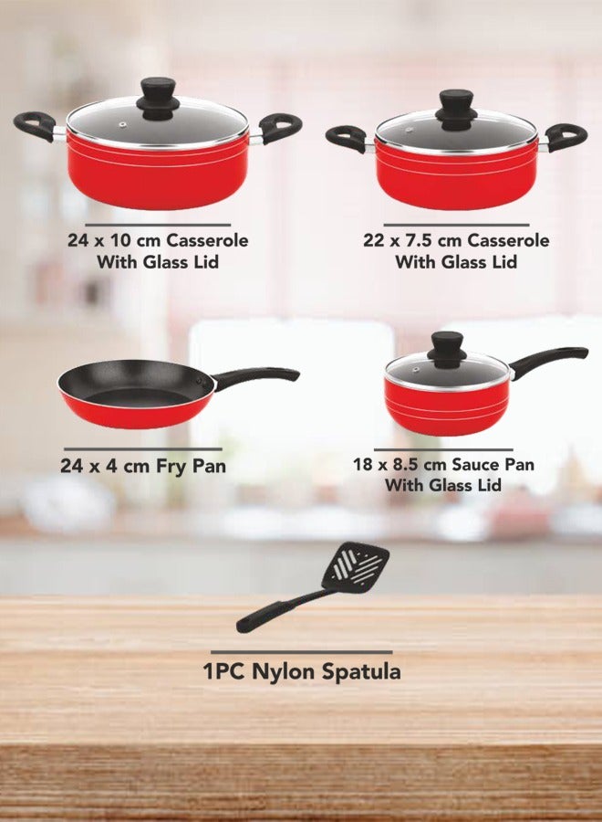 Easy Cook 9-Pcs Non-Stick Cookware Set | Scratch-Resistant Pots and Pans Set | 24cm,22cm Casserole | 24cm Fry Pan | 18cm Sauce Pan | Nylon Spatula(Red)  - Image 5