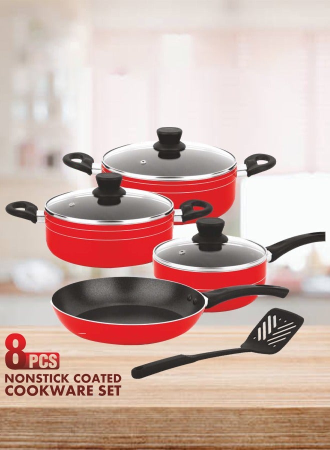 Easy Cook 9-Pcs Non-Stick Cookware Set | Scratch-Resistant Pots and Pans Set | 24cm,22cm Casserole | 24cm Fry Pan | 18cm Sauce Pan | Nylon Spatula(Red)  - Image 2