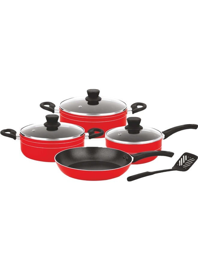 Easy Cook 9-Pcs Non-Stick Cookware Set | Scratch-Resistant Pots and Pans Set | 24cm,22cm Casserole | 24cm Fry Pan | 18cm Sauce Pan | Nylon Spatula(Red)  - Image 1