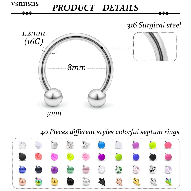 Vsnnsns 16G Septum Rings Piercing Jewelry 316L Stainless Surgical Steel Horseshoe Septum Nose Rings Snake Bite Lip Ring Daith Rook Earrings Smiley Piercing Jewelry for Women Men 8MM 16 Gauge Silver - Image 2