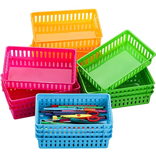 DEAYOU 16 Pack Classroom Storage Baskets Bins, Small Plastic Organizer Basket, Colorful Storage Trays, Crayon Pencil Containers for Paper, Desk, Shelf, Home School Office, 10.2" L x 6.5" W x 2.4" H - Image 1
