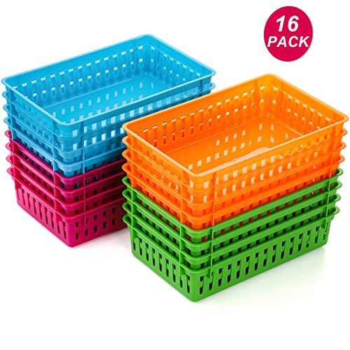 DEAYOU 16 Pack Classroom Storage Baskets Bins, Small Plastic Organizer Basket, Colorful Storage Trays, Crayon Pencil Containers for Paper, Desk, Shelf, Home School Office, 10.2" L x 6.5" W x 2.4" H - Image 3