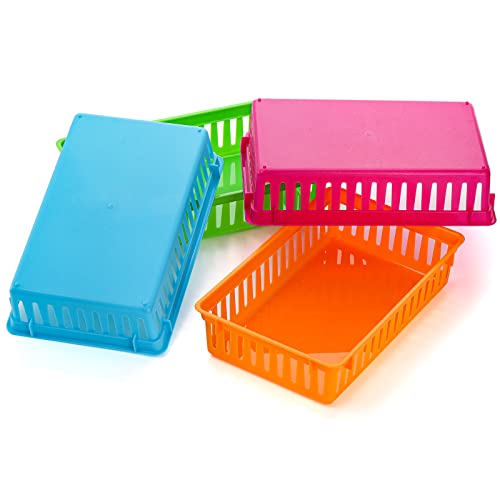 DEAYOU 16 Pack Classroom Storage Baskets Bins, Small Plastic Organizer Basket, Colorful Storage Trays, Crayon Pencil Containers for Paper, Desk, Shelf, Home School Office, 10.2" L x 6.5" W x 2.4" H - Image 4