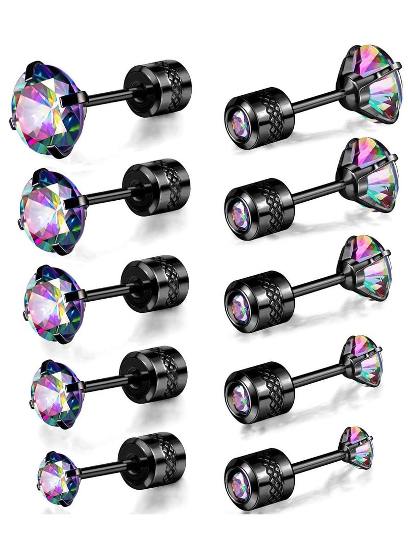 Y&D Titanium Screw Back Pack of Earrings Cubic Zirconia Studs for Women Men 20G Helix Piercing Post Surgical Stainless Steel Hypoallergenic Sensitive Ears Simulated Diamond, Crystal (Rainbow-Black) - Image 1