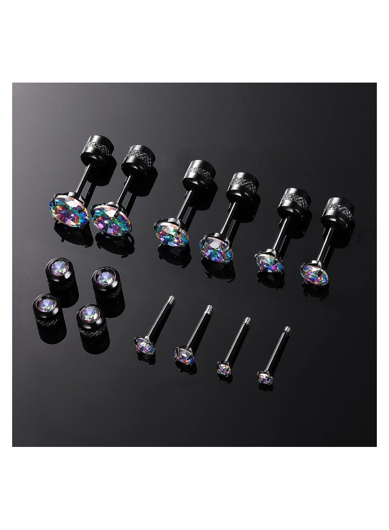 Y&D Titanium Screw Back Pack of Earrings Cubic Zirconia Studs for Women Men 20G Helix Piercing Post Surgical Stainless Steel Hypoallergenic Sensitive Ears Simulated Diamond, Crystal (Rainbow-Black) - Image 5