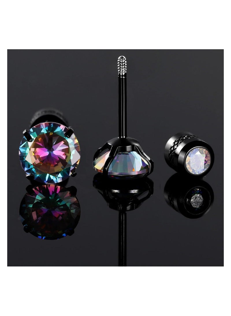 Y&D Titanium Screw Back Pack of Earrings Cubic Zirconia Studs for Women Men 20G Helix Piercing Post Surgical Stainless Steel Hypoallergenic Sensitive Ears Simulated Diamond, Crystal (Rainbow-Black) - Image 2