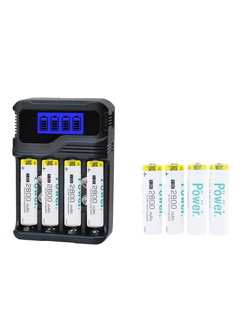 DMK Power DMK Power Rechargeable 8pcs AA 2800mAh High Capacity Batteries 1.2V NiMH Low Self Discharge with TC-Q4A9 4-Slot LCD Quick Rechargeable battery Charger USB Fast Charging, Independent Slot. - Image 1